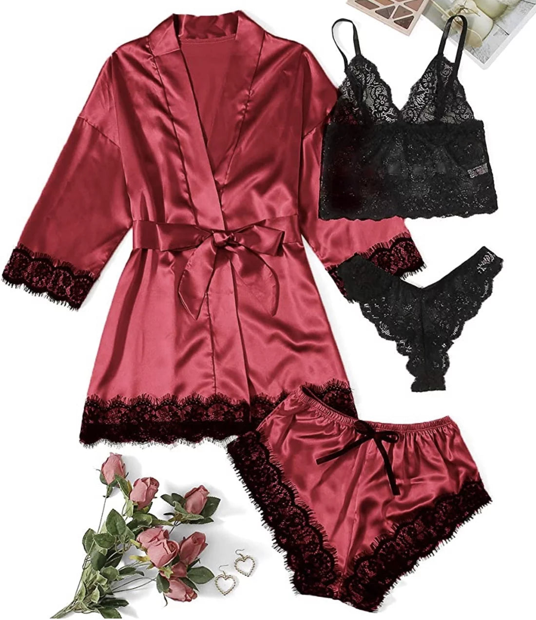 Sexy Lingerie,  Silk Satin Pajamas for Women, Womens Summer Pajamas Pjs Sets of 4 Pcs with Floral Lace Top Shorts and Robe, Gift for Women, Burgundy, XL